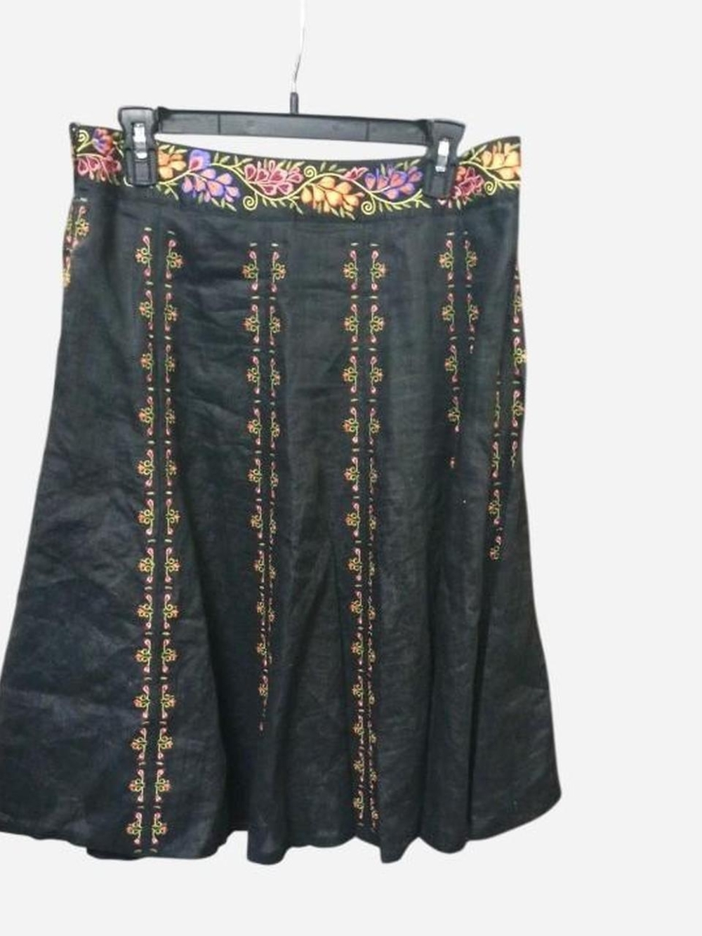 Whimsygoth Black A-Line Linen Skirt with Multicolor Embroidered Trim